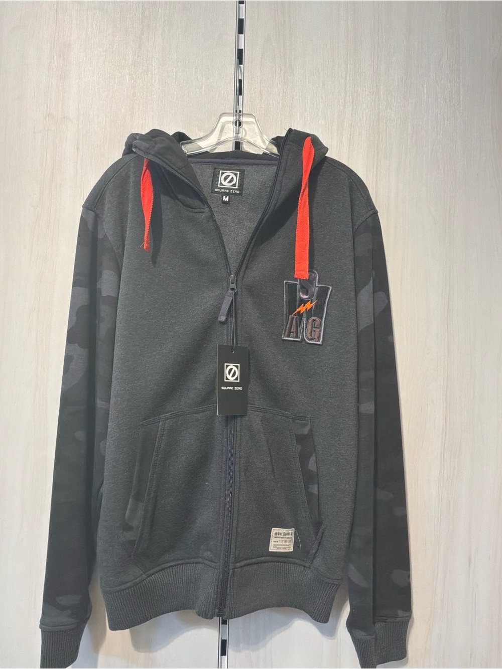 Men's Dark Gray Zip Hoodie Jacket with Red Drawcords